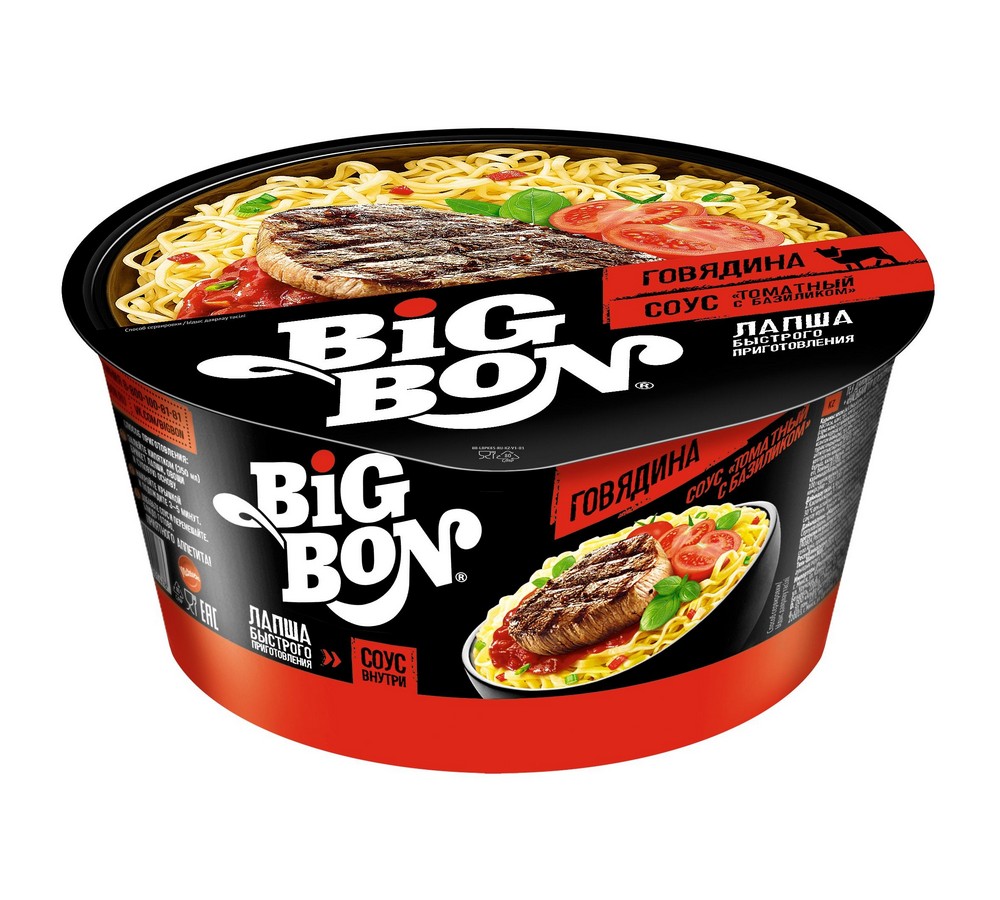 Лапша Big Bon говядина + соус томатный с базиликом 85гр купить в  Красноярске с доставкой на дом в интернет-магазине 