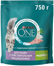 Корм Purina One сухой 750г для кошек с чувств.пищ.Индейка/рис