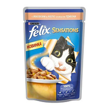Влажный корм FELIX Sensations для взрослых кошек, с лососем в желе с добавлением трески Пауч 85 г