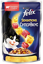 Корм Felix Sensations СуперВкус влажный в желе для кошек Говядина с сыром, 75гр