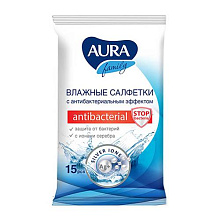 Салфетки влажные  15шт AURA FAMILY антибактериальные