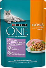 Корм Purina One влажный для кошек с чувствительным пищеварением с курицей и морковью, 75гр