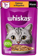 Корм консервированный полнорационный Whiskas для взрослых кошек желе с курицей и индейкой 75г